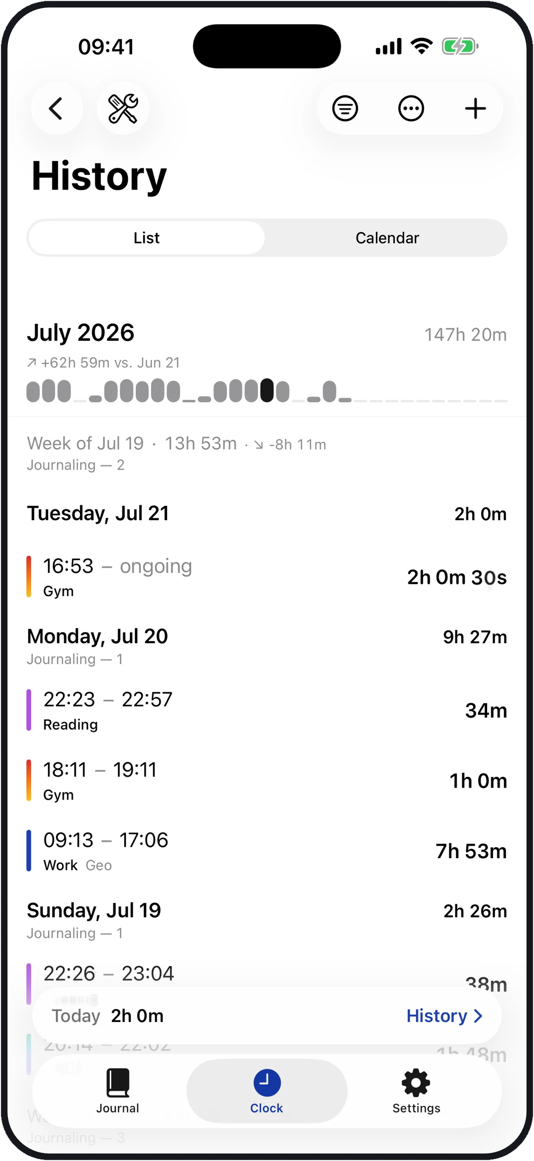 The RareTap history list — logged sessions grouped by day with their durations.