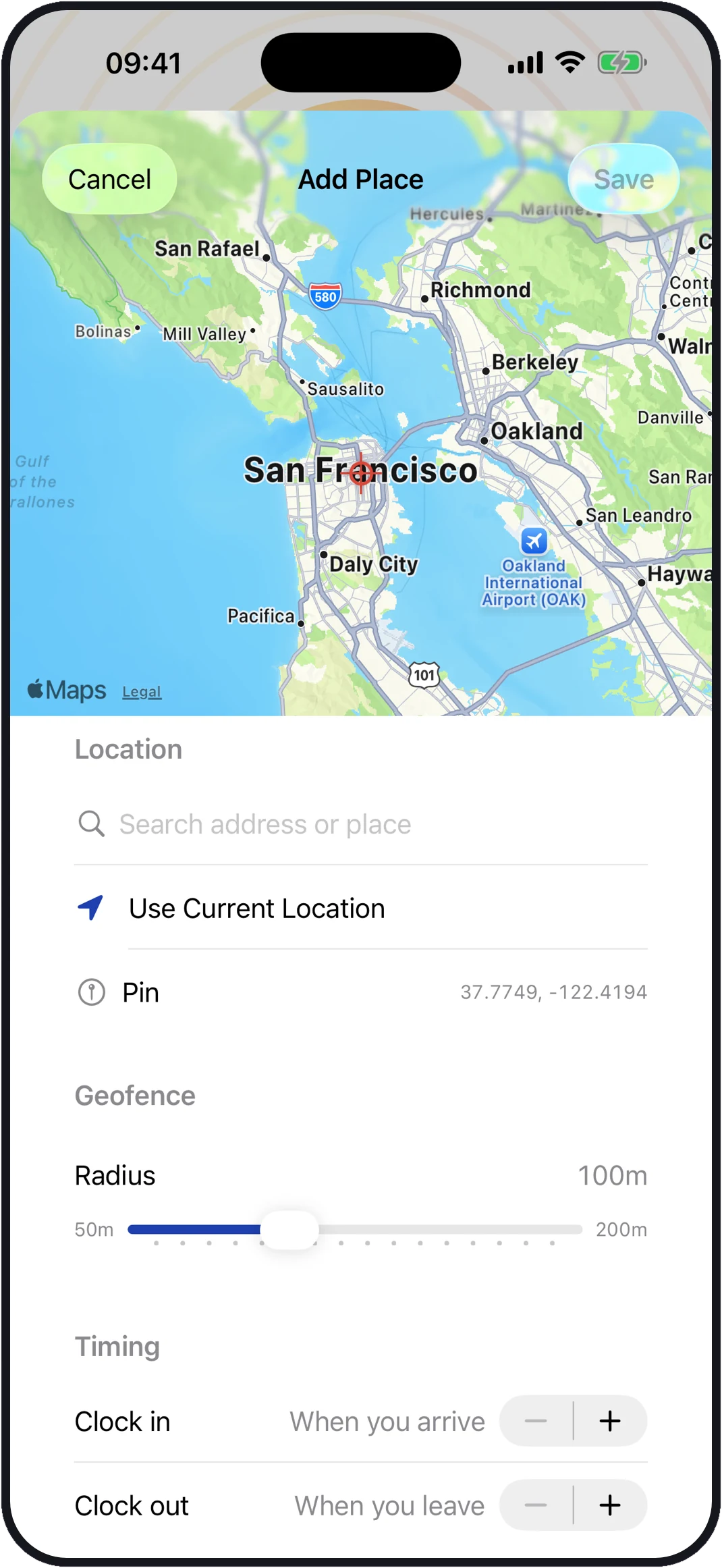 The RareTap add-place screen — a map with a geofence radius that starts the clock when you arrive.