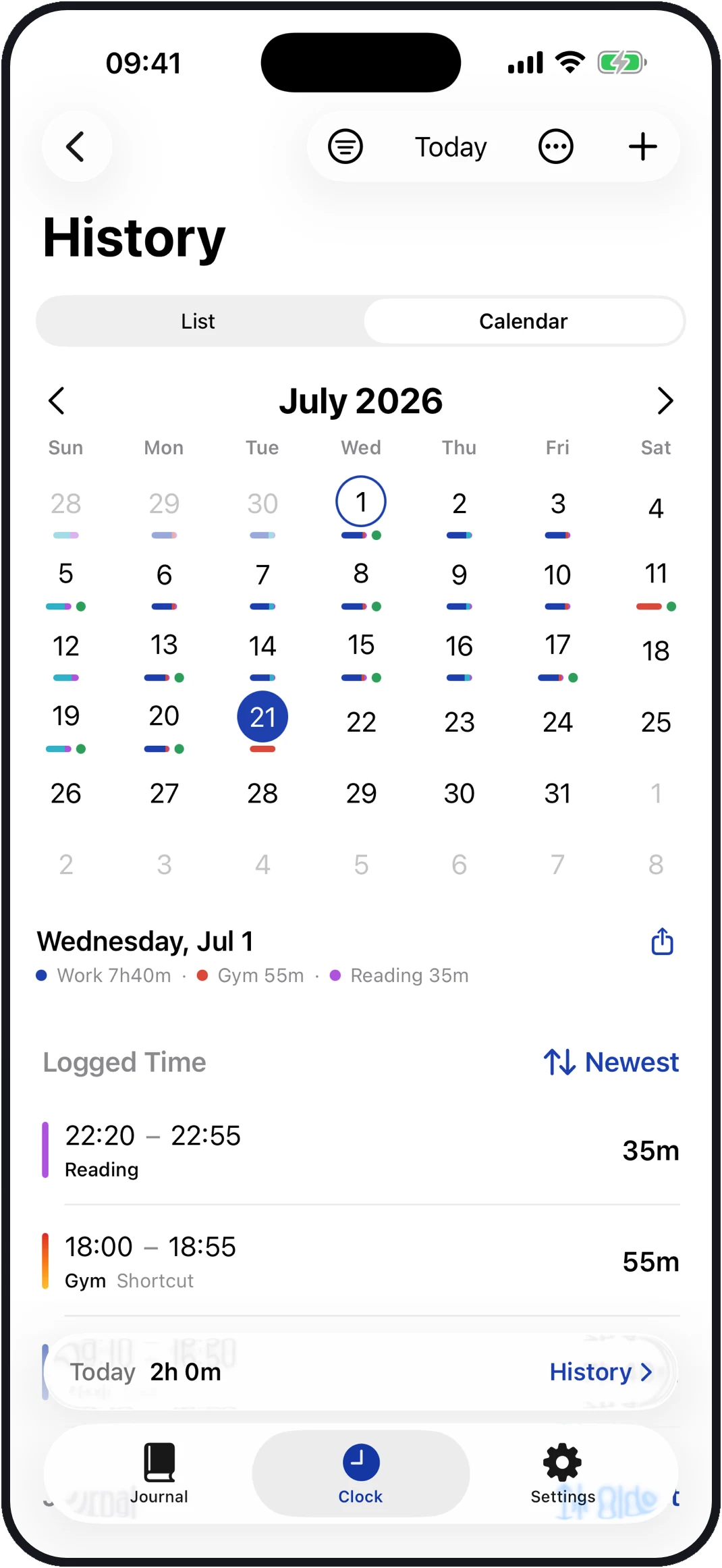 The RareTap history calendar — a month grid marking the days you tracked time.