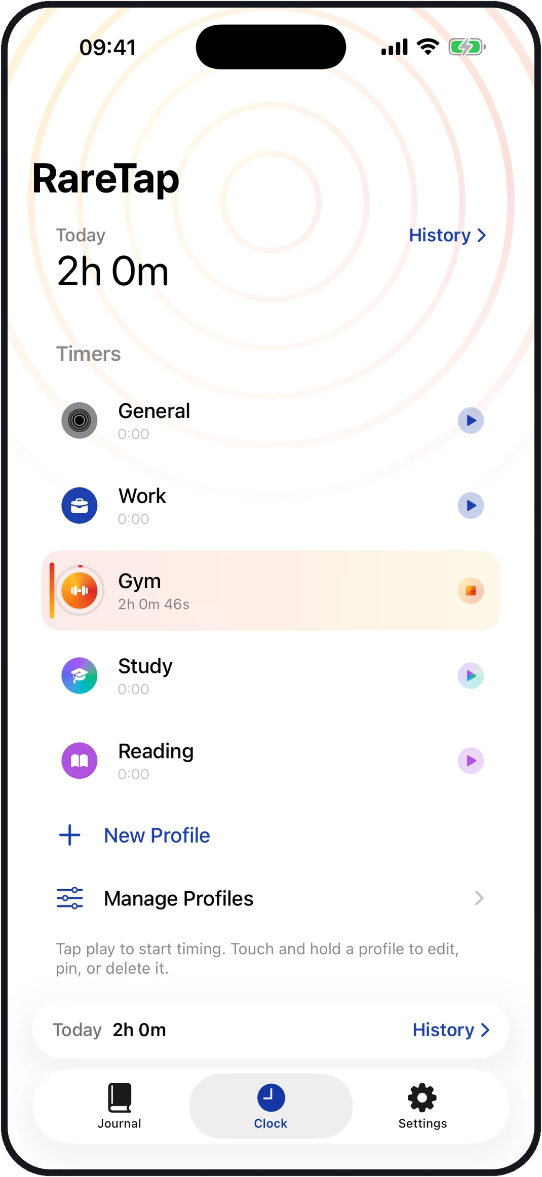 The RareTap clock screen — today's total time above one-tap timers for Work, Gym, Study and Reading.