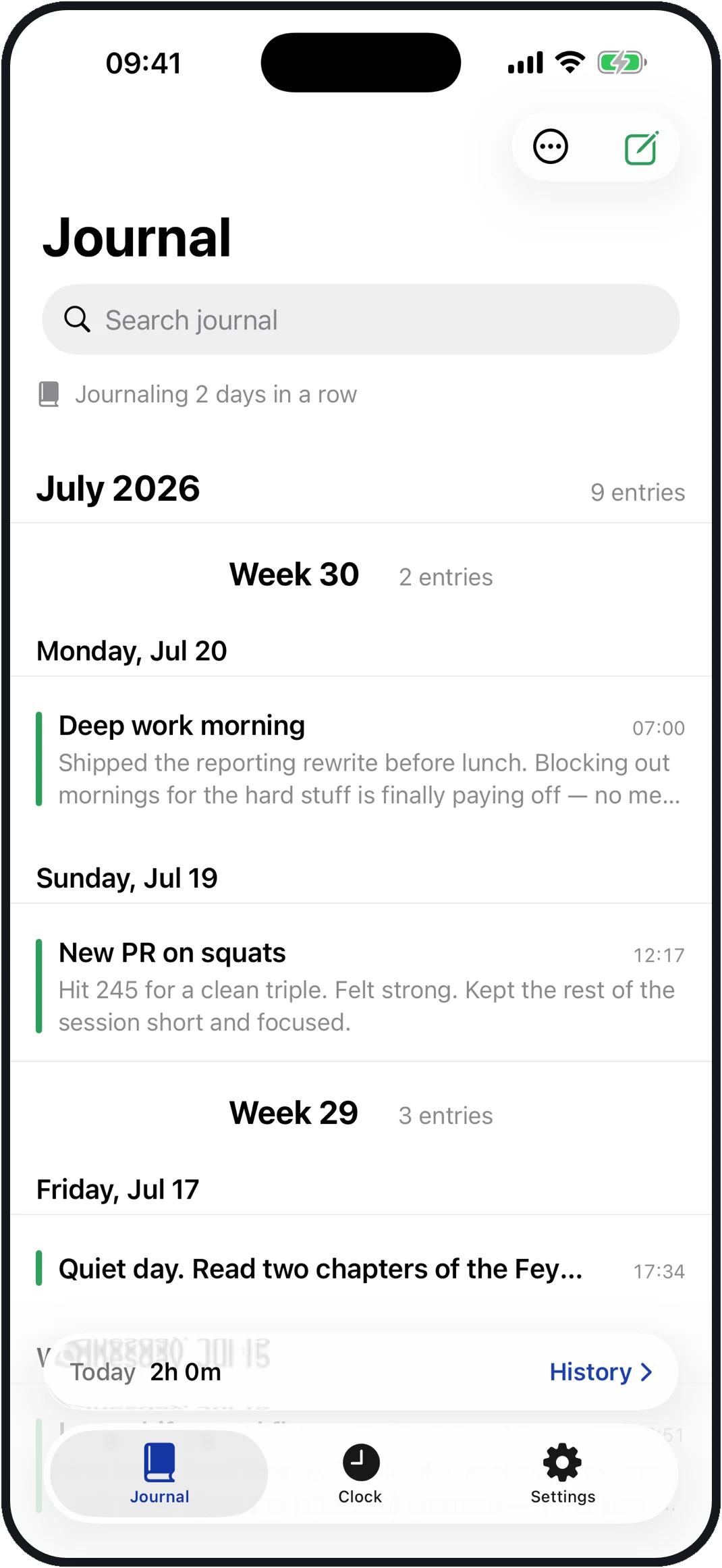 The RareTap journal — dated written entries grouped by week.